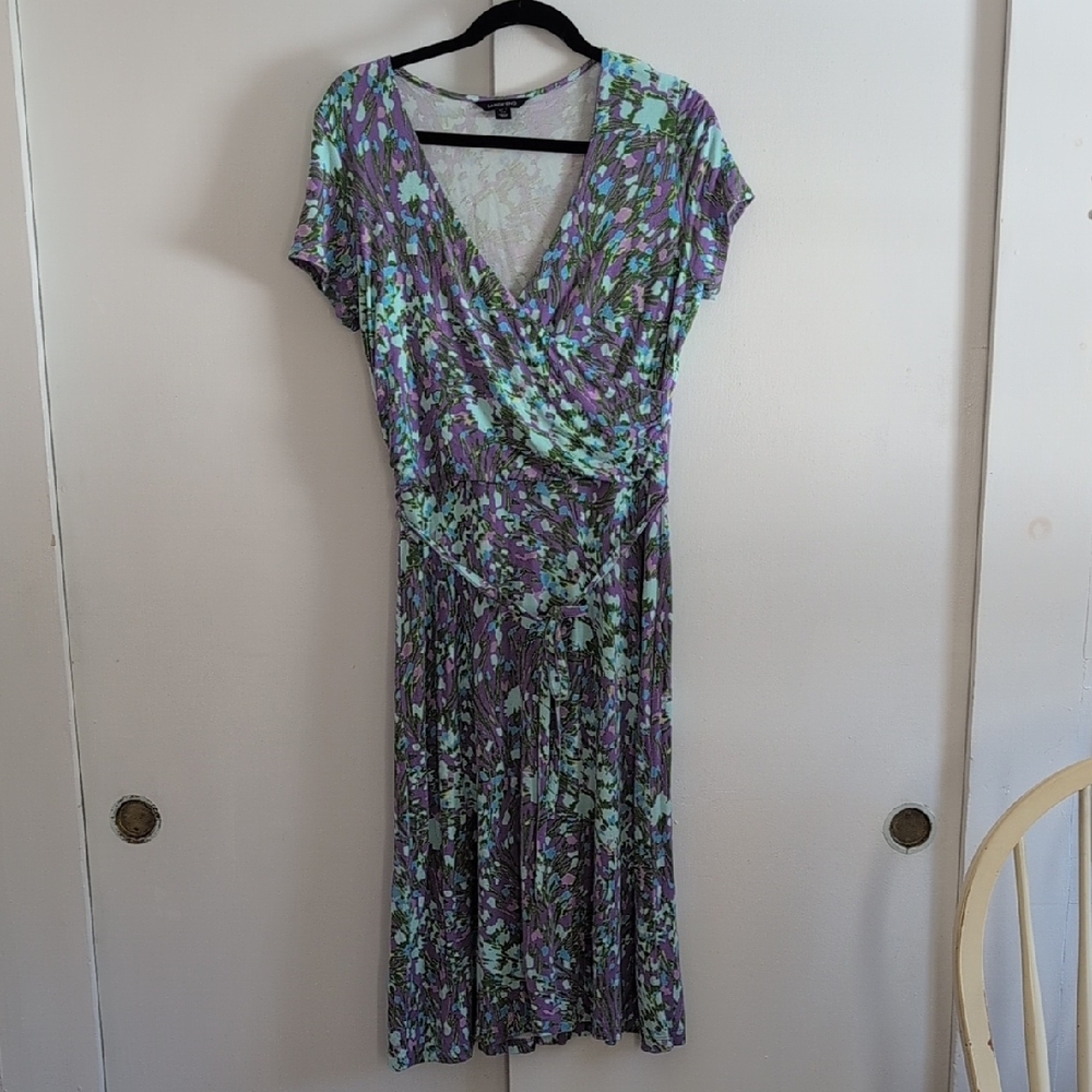 Lands' End Purple and Green Floral Faux Wrap Midi Dress Size Small Tall 6 To 8